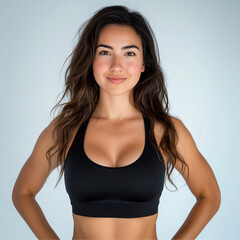 Fototapeta premium asian women with black sport activewear a photoshoot, the girl look to the camera, happy and energetic, white background, immaculate, exciting
