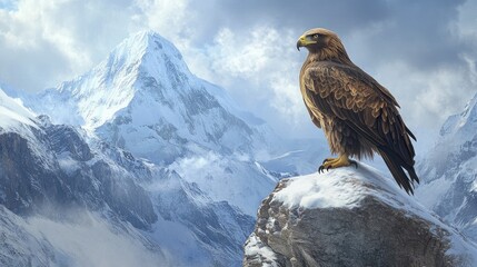 Fototapeta premium Golden eagle perched on rock with snowy mountains
