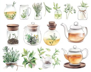 A collection of herbal elements including jars, teas, and various herbs for a calming and natural aesthetic.