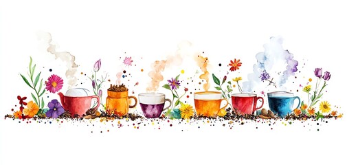 Fototapeta premium A vibrant watercolor illustration of colorful cups surrounded by flowers and coffee, perfect for coffee lovers and art enthusiasts.