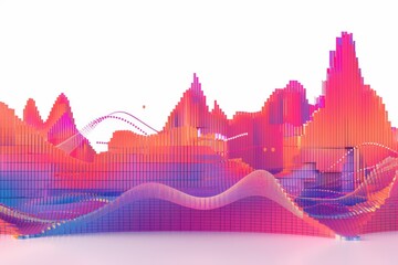 A colorful, abstract cityscape with pink and purple buildings and a pink mountain range. The image is a representation of a futuristic cityscape with a unique, colorful design