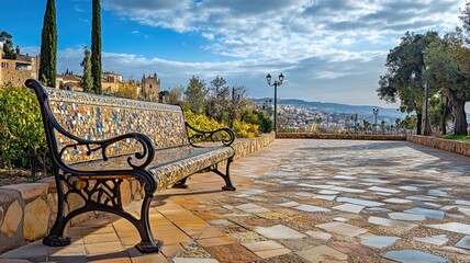 Beautiful stone-paved park with ornate bench overlooking scenic cityscape under partly cloudy sky