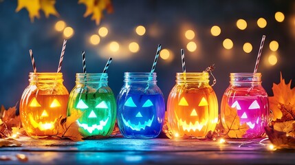 Colorful Halloween jars with spooky faces and glowing lights, perfect for festive autumn decoration and celebrations.