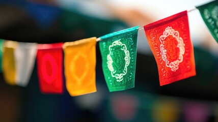 Colorful decorative flags hanging in row outdoors