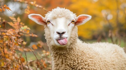 Fototapeta premium A close-up shot of a white sheep sticking its tongue out. The sheep is in a field with a blurry background of autumn leaves.