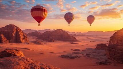 Hot Air Balloons Over Cappadocia Landscape at Sunset