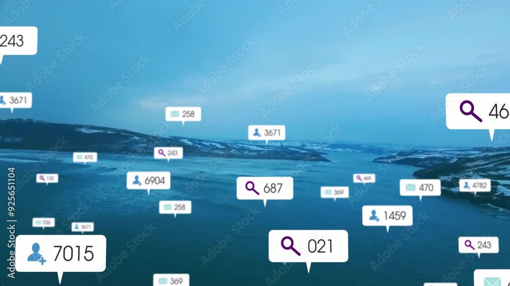 Poster Social media engagement icons animation over serene lake and mountain landscape