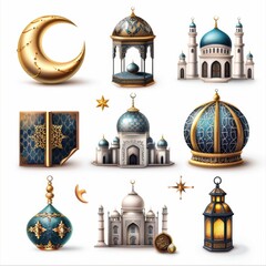 Obraz premium A variety of blue and white buildings, including a mosque, a palace, and a palace. The buildings are decorated with gold and blue accents, giving them a sense of grandeur and elegance