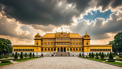 Fototapeta premium A majestic golden palace with a dramatic sky.