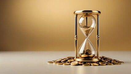 Golden hourglass with gold coins spilling out.
