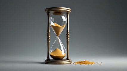 A golden hourglass with sand running out, on a grey background.