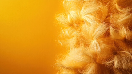 Close-up of soft, fluffy feather-like texture in golden yellow light, creating a warm and cozy abstract pattern on a vibrant background.