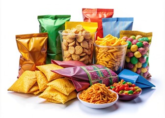 Colorful array of snack food packaging including chip bags, cracker boxes, and candy wrappers, arranged artfully on a white background, emphasizing convenience and variety.
