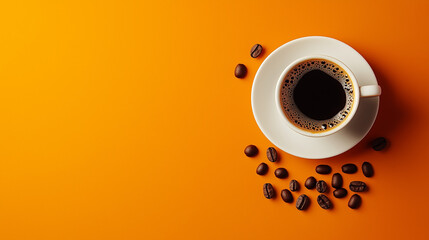 Cup of coffee with scattered beans on orange background. 