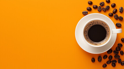 Cup of black coffee with beans on orange background.