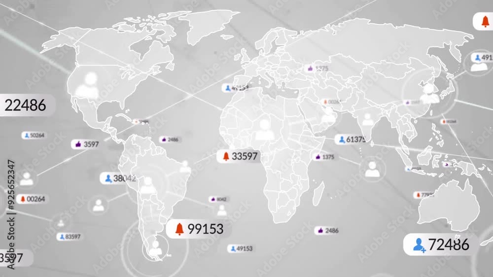 Poster global user data distribution animation over world map with numerical statistics
