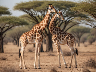Fototapeta premium A pair of giraffes standing tall in the middle of a dry acacia forest, their long necks reaching up to the treetops to feed on leaves.