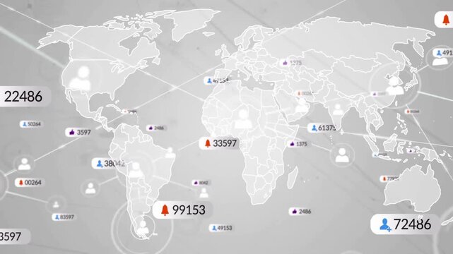 Global user data distribution animation over world map with numerical statistics