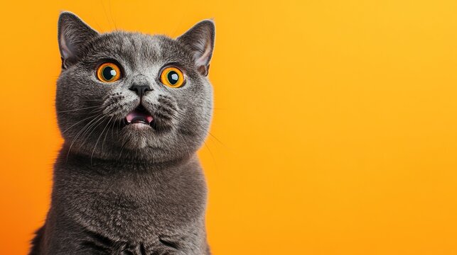 A gray cat with bright orange eyes is looking at something with a surprised expression and mouth open.