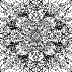 A complex, kaleidoscope-inspired pattern with mirrored coloring page vector