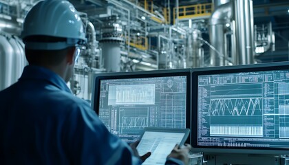 Engineers Analyzing Carbon-Neutral Metrics in High-Tech Biomass Facility with Digital Screens Displaying Conversion Process