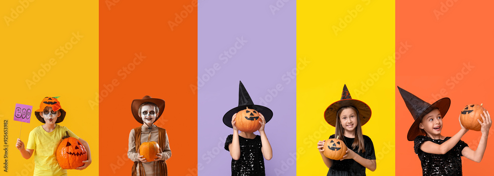 Wall mural Set of funny children in Halloween costumes and with pumpkins on color background