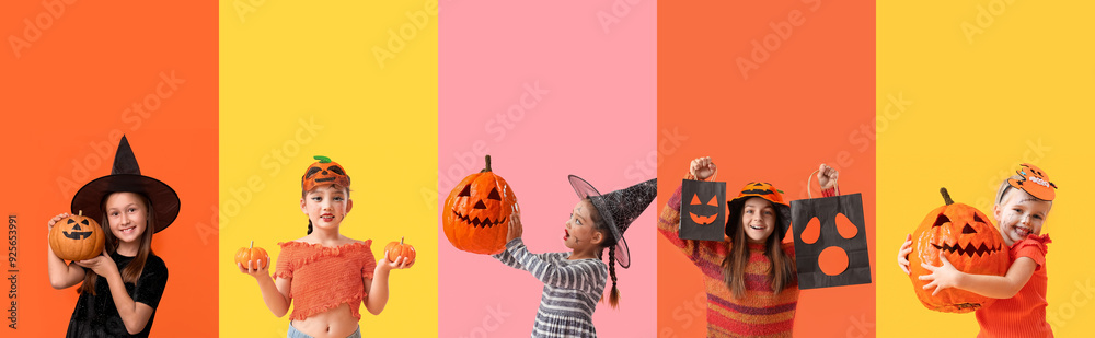 Sticker Set of funny children in Halloween costumes and with pumpkins on color background