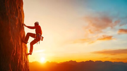 Overcoming Heights: Determined Person Climbing Vertical Rock Wall for Victory, Concept of Challenge and Achievement with Copy Space