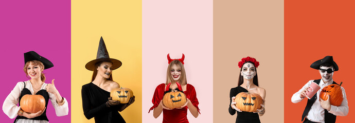 Fototapeta premium Set of people in Halloween costumes and with pumpkins on color background