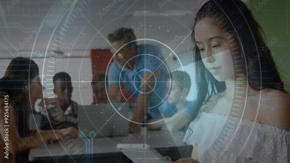 Poster targeting interface animation over students studying with tablets in classroom