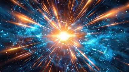 Naklejka premium The energy exploded with blue and orange rays radiating from a bright center.