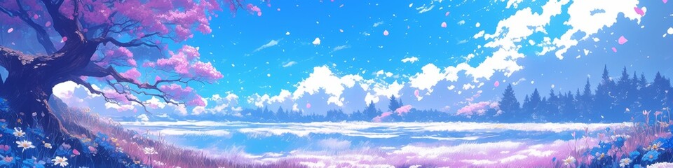 Fototapeta premium Enchanting Winter Wonderland: AI-Generated Anime-Style 4K Scene with Winter Jasmine. Dreamy Frosty Paradise featuring Vibrant Blue Sky and Delicate Blossoms. Magical 2025 Winter Landscape for Seasonal