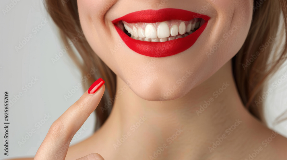 Wall mural Smiling woman with clean teeth pointing own red lips with her finger, isolated on white background , Quality Enhanced With Ai