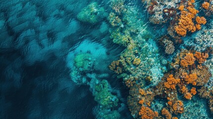 Obraz premium A coral reef from above, with its colorful formations visible through the clear, blue water, representing Earth's underwater beauty.