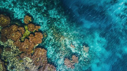 Fototapeta premium A coral reef from above, with its colorful formations visible through the clear, blue water, representing Earth's underwater beauty.