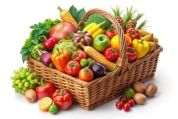 Colorful isometric illustration of a woven basket overflowing with fresh seasonal fruits and vegetables, set against a clean white background with subtle shadows.