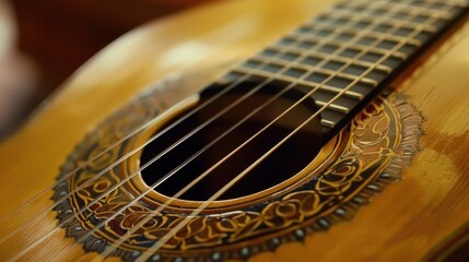 Fototapeta premium A detailed view of a classical guitar rosette and bridge, capturing the fine craftsmanship and elegant design.