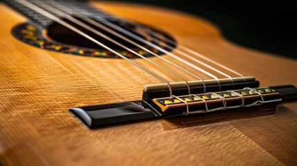 Fototapeta premium A detailed view of a classical guitar rosette and bridge, capturing the fine craftsmanship and elegant design.