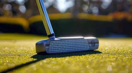 A detailed view of a golf putter face and alignment lines, ready for a precise putting stroke.