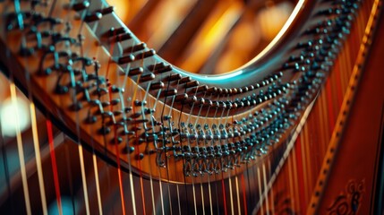 A detailed view of a harp strings and pedals, showcasing the delicate and intricate design of this elegant instrument.