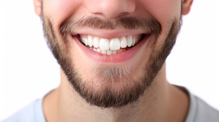 Obraz premium Perfect healthy teeth smile of a man. Teeth whitening. Dental care isolated on white background , Quality Enhanced With Ai
