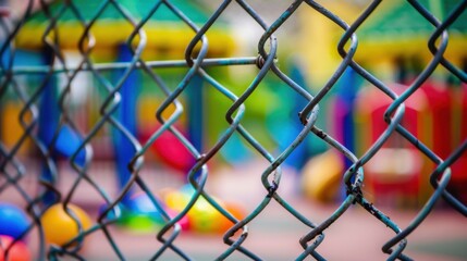 Fototapeta premium A fence surrounding a playground, with children toys visible inside, highlighting safety and protection.
