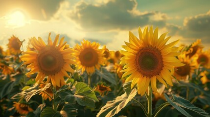 Obraz premium A field of sunflowers under a bright sky, symbolizing Earth abundance and the cycle of life.