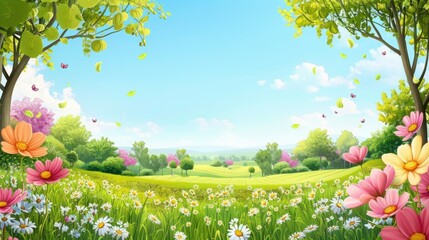 A beautiful field of flowers with a blue sky in the background. The flowers are pink and yellow, and there are butterflies flying around. The scene is peaceful and serene