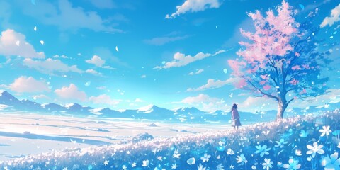 Enchanting Winter Wonderland: AI-Generated Anime-Style 4K Scene with Winter Sweet. Dreamy Frosty Paradise featuring Vibrant Blue Sky and Delicate Blossoms. Magical 2025 Winter Landscape for Seasonal A