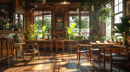 Fototapeta premium Cozy and Inviting Rustic Cafe Interior with Natural Lighting and Greenery