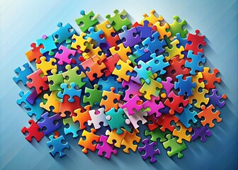 Colorful puzzle pieces scattered on a vibrant gradient background, forming a complex mosaic, symbolizing problem-solving, creativity, and intellectual challenge.