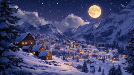 Fototapeta premium Winter village in the mountains at night with full moon and stars. Starry Night Over Snowy Town. Wallpaper