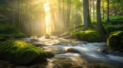 Fototapeta premium A gentle stream flowing through a forest, with sunlight dappling the water and moss-covered rocks.