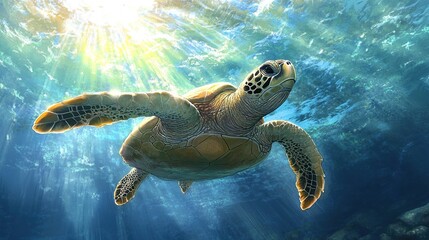 Fototapeta premium A sea turtle swims through the blue water, sunlight shining from above.